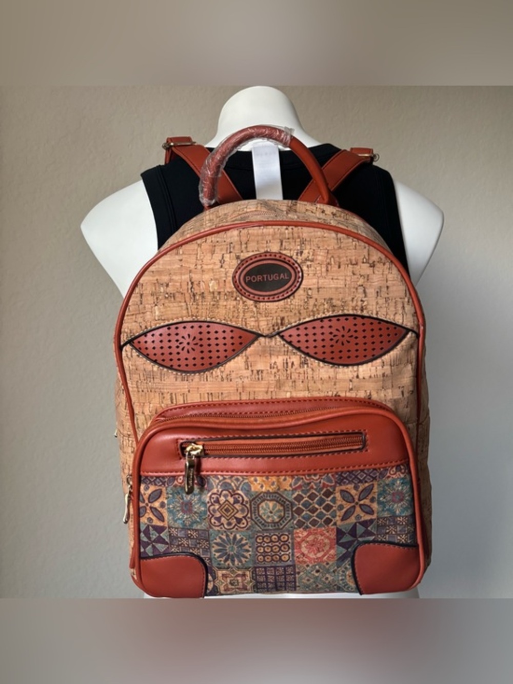 Portugal Cork Fabric Azulejo ceramic Tile Pattern Faux Leather Trim Backpack